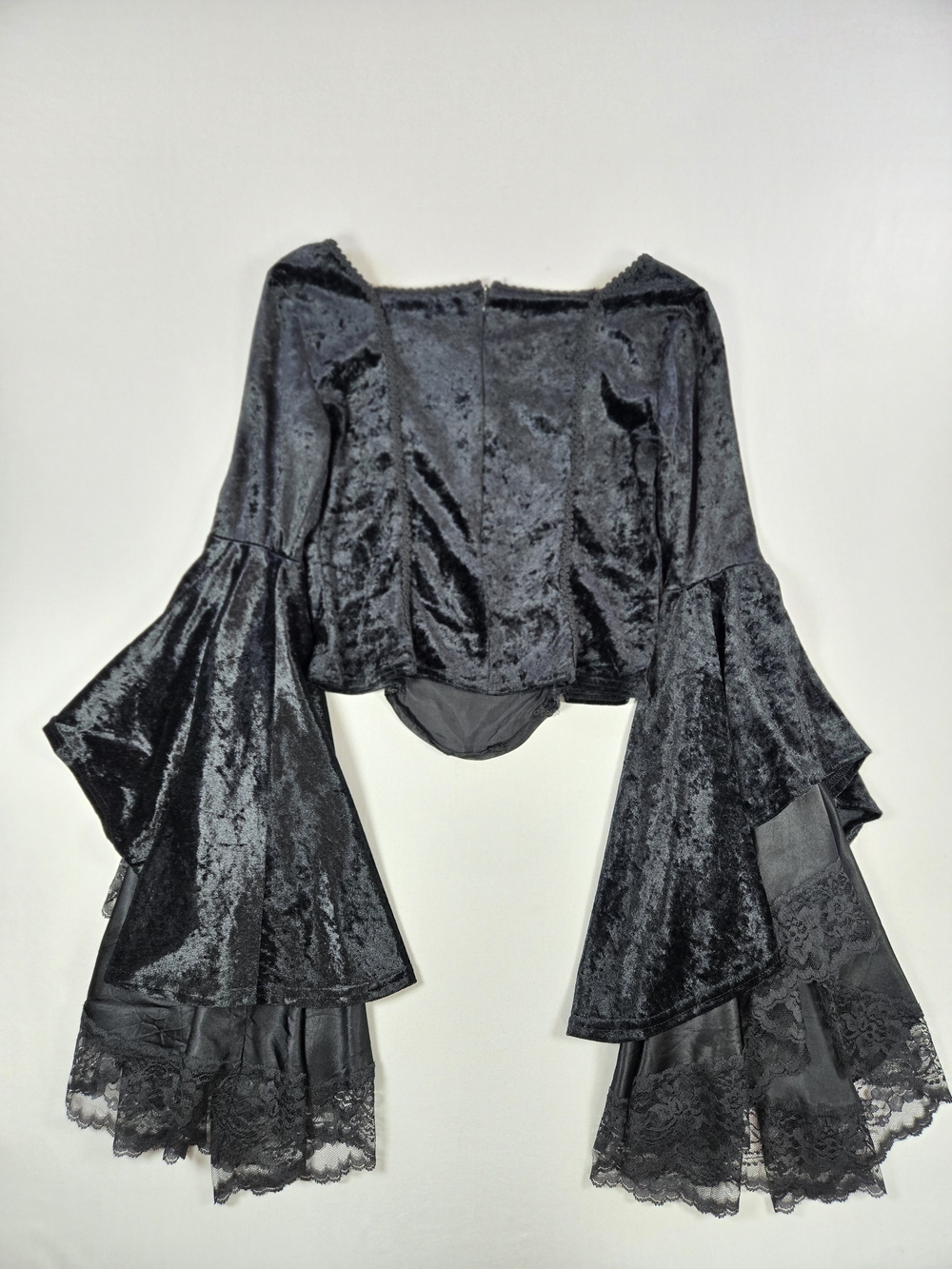 VTG Lip Service Black Velvet Satin Corset Bell Sleeve Gothic Top Size Large - Picture 5 of 12